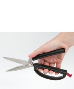 self opening scissors with large loop handle and red saftey locking tab to close