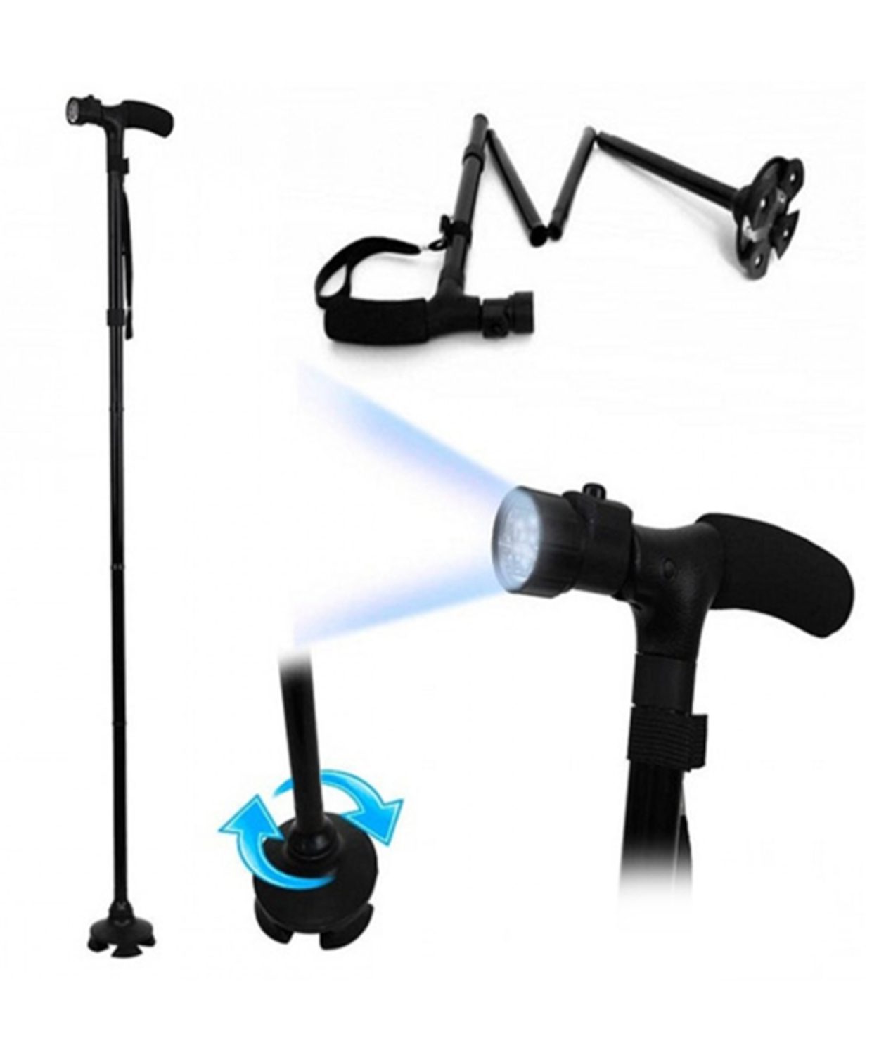 Folding Walking Stick with Torch Height adjustable with pivoting base