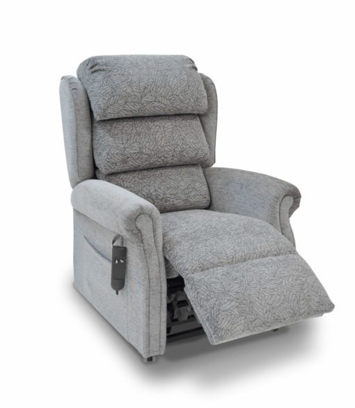rise and recliner chair in grey with high leg lift
